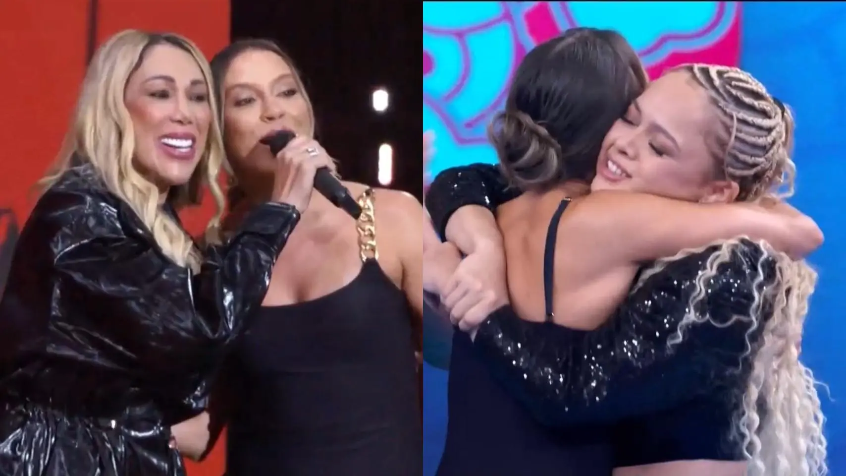 Foto montagem com imagem de Renata Saldanha ao lado de Taty Girl e de uma ex-aluna no palco do programa Domingão com Huck