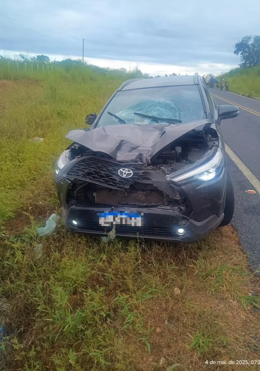 O veículo ficou com a parte frontal destruída pela colisão