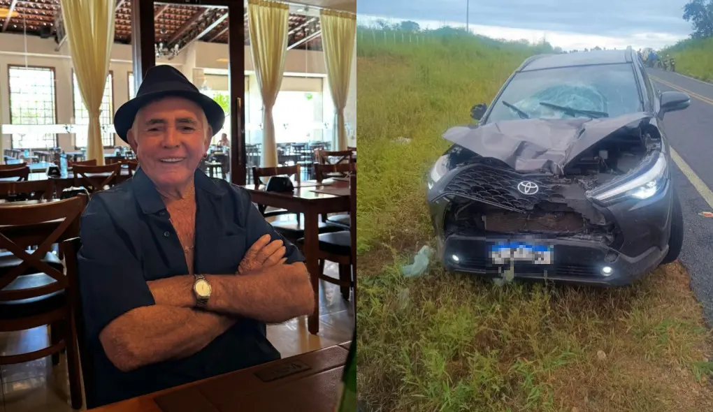 Montagem de fotos mostra o idoso Francisco à esquerda em um restaurante e o carro envolvido no acidente à direita