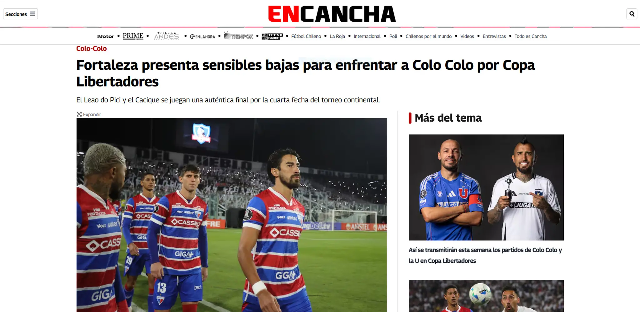 Captura de tela do portal chileno 'En Cancha' sobre o duelo entre Fortaleza x Colo-Colo.