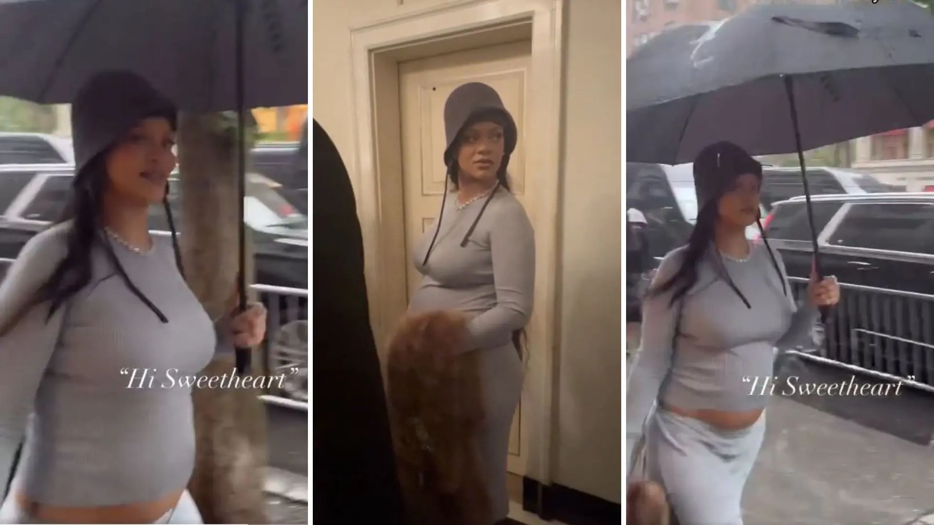 montagem de fotos da cantora Rihanna grávida, em frente ao Carlyle Hotel exibindo a barriga com um conjunto cinza, meias longas e scarpins