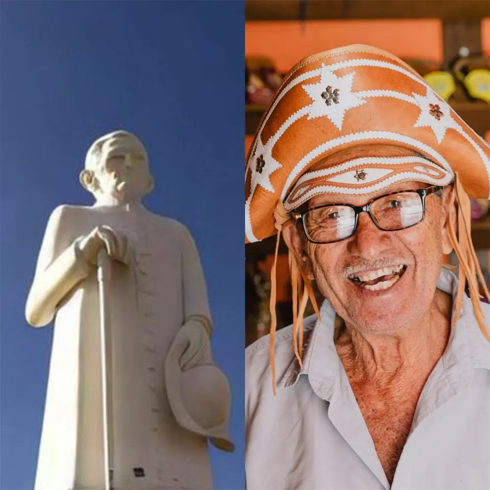 Na imagem, estátua de Padre Cícero ao lado da fotografia de Espedito Seleiro