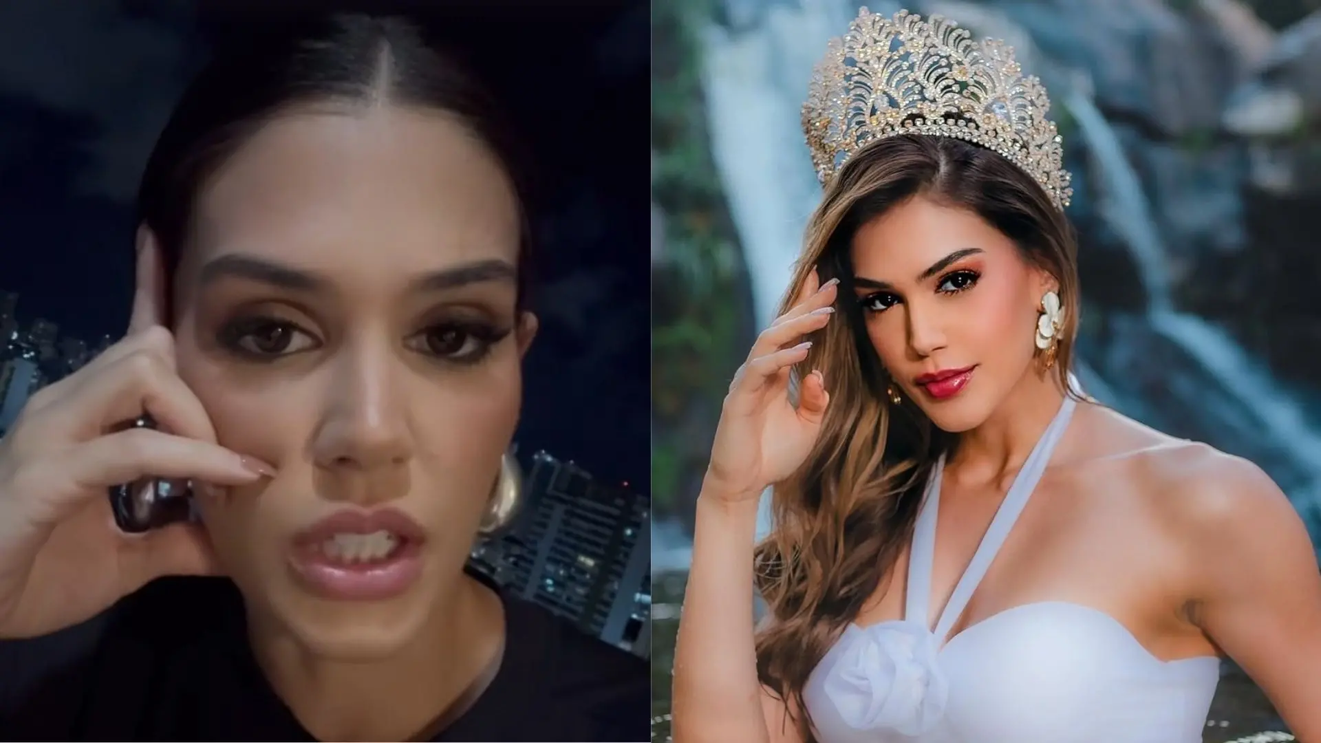 Montagem com duas imagens da modelo e dentista Morgana Carlos. À esquerda, ela aparece emocionada em vídeo gravado à noite denunciando o roubo de sua coroa. À direita, Morgana posa com maquiagem e coroa de Miss Brasil Terra 2023, vestindo traje branco e joias.