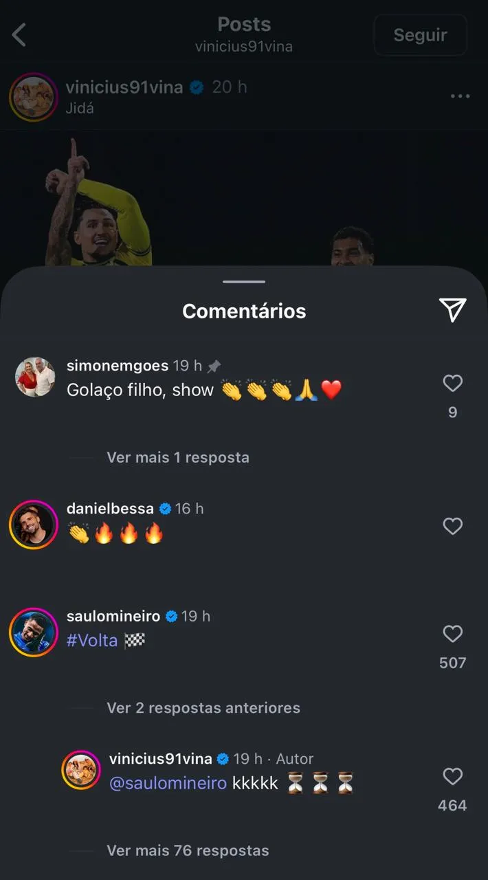 Saulo Mineiro pediua volta de Vina ao Ceará e ex-meia respondeu com um emoji de ampulheta.