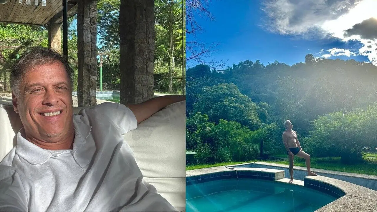 A imagem é uma montagem de duas fotos: à esquerda, Guilherme Fontes, ator que interpretou o personagem Alexandre da novela A Viagem sorrindo; à direita, ele em uma paisagem com uma piscina, vegetação e céu azul com nuvens.