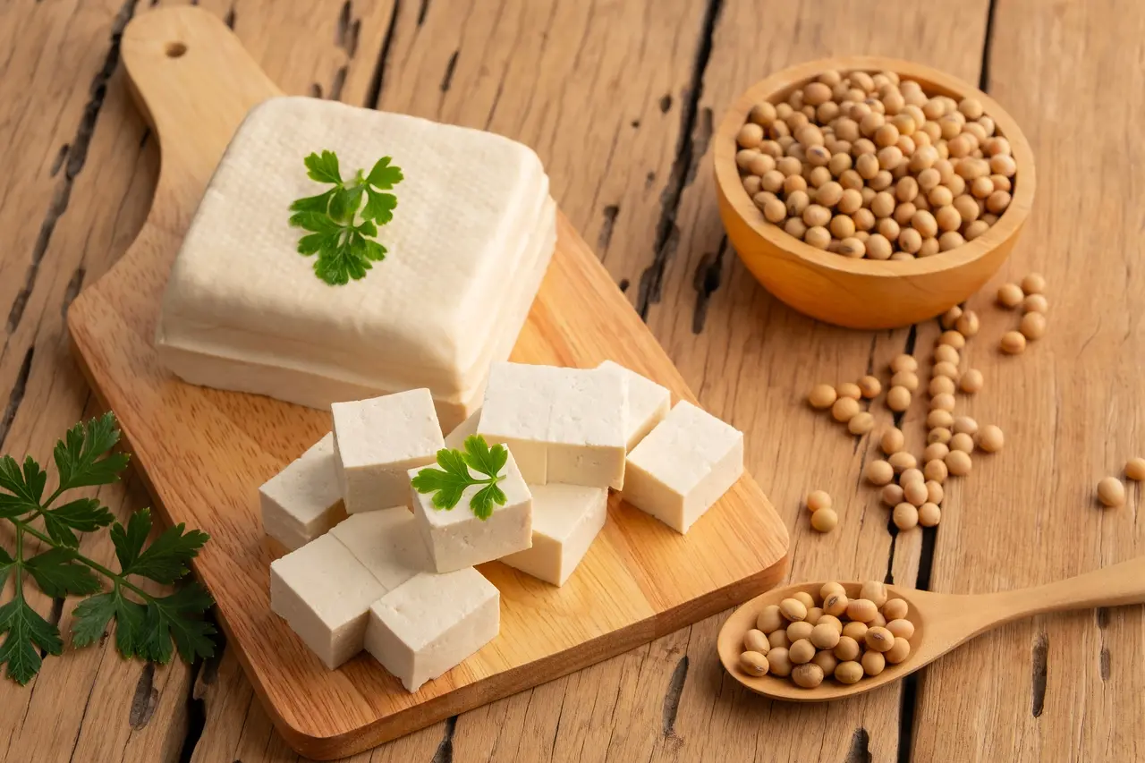 Imagem mostra pedaços de tofu de soja sobre tábua de madeira ao lado de recipiente com grãos de soja, ilustrando receitas de soja