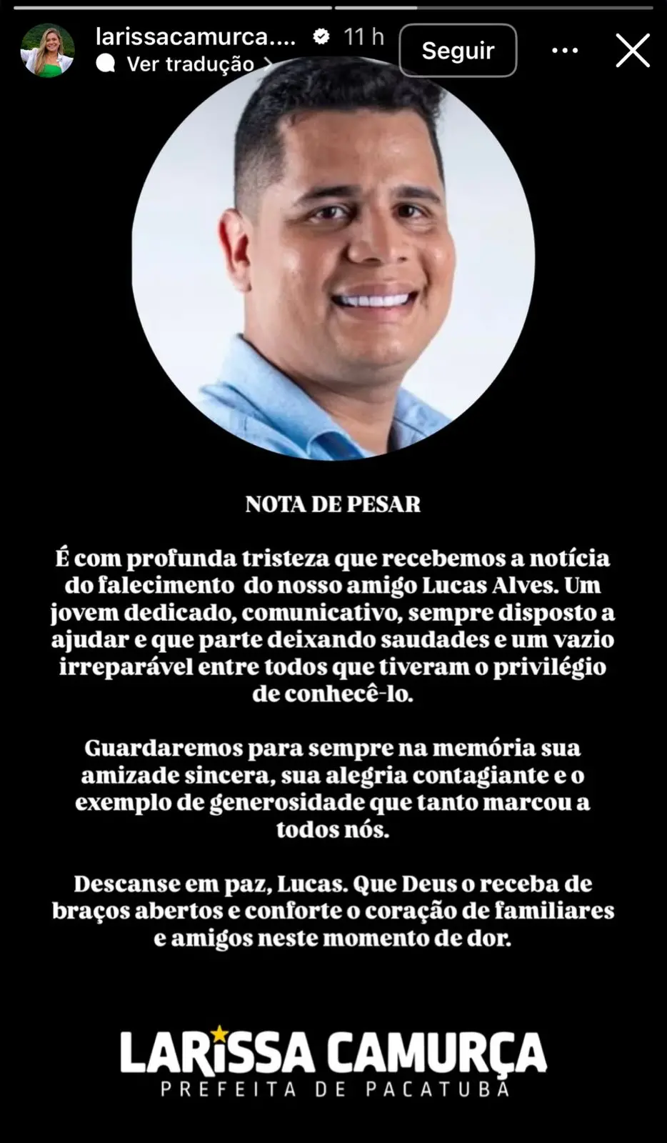 Post na rede social da prefeita de Pacatuba Larissa Camurça