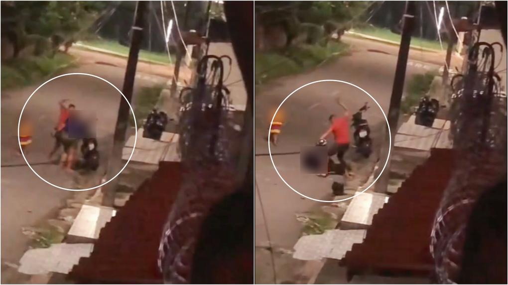 Cenas de violência contra uma mulher em Maracanaú. Homem aparece dando socos e tapas em vítima. Uma criança acompanhou toda a agressão.