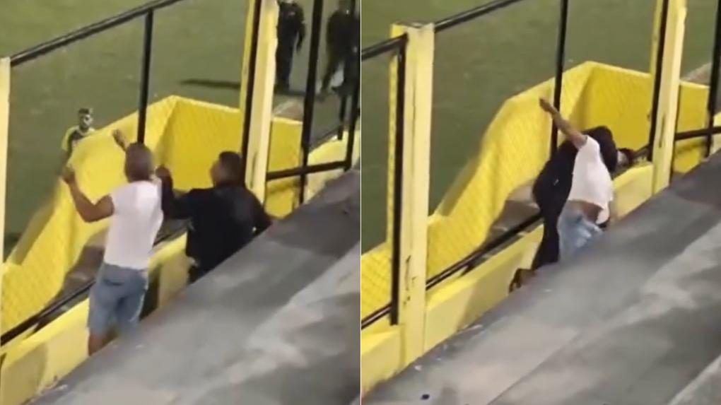 Montagem de fotos de guarda municipal agredindo torcedor em estádio de Mombaça, no Ceará