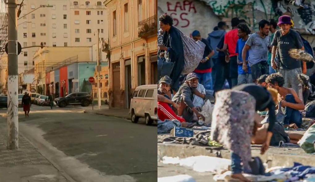 Montagem de fotos mostra à esquerda cracolândia de SP vazia e à direita lotada de dependentes químicos