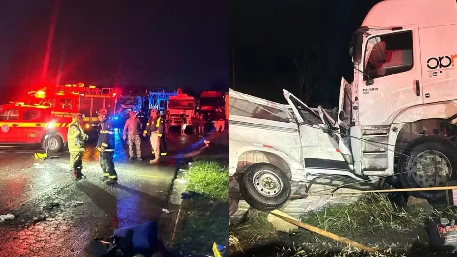 Carreta e van após acidente que matou três cearenses na BR-251