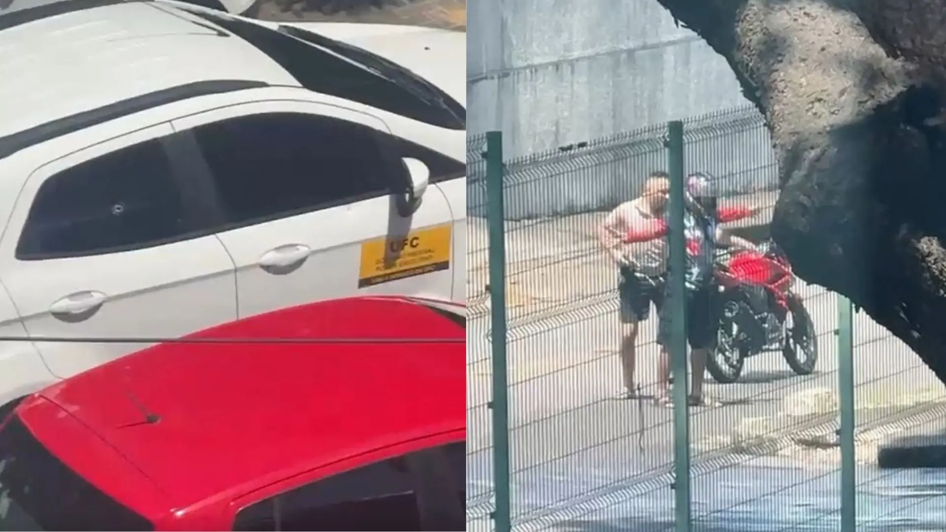 A imagem é uma montagem de um carro atingindo por um tiro e um homem assaltando um motoqueiro.