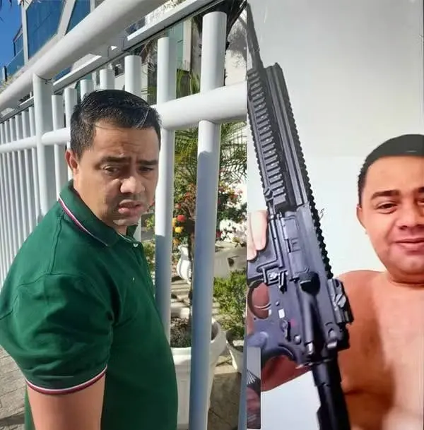 Chefe do CV em cidade do interior do Ceará, conhecido como Pacote, é preso no Rio de Janeiro. A imagem é uma colagem do momento da prisão e outra com o suspeito segurando uma arma de cano longo