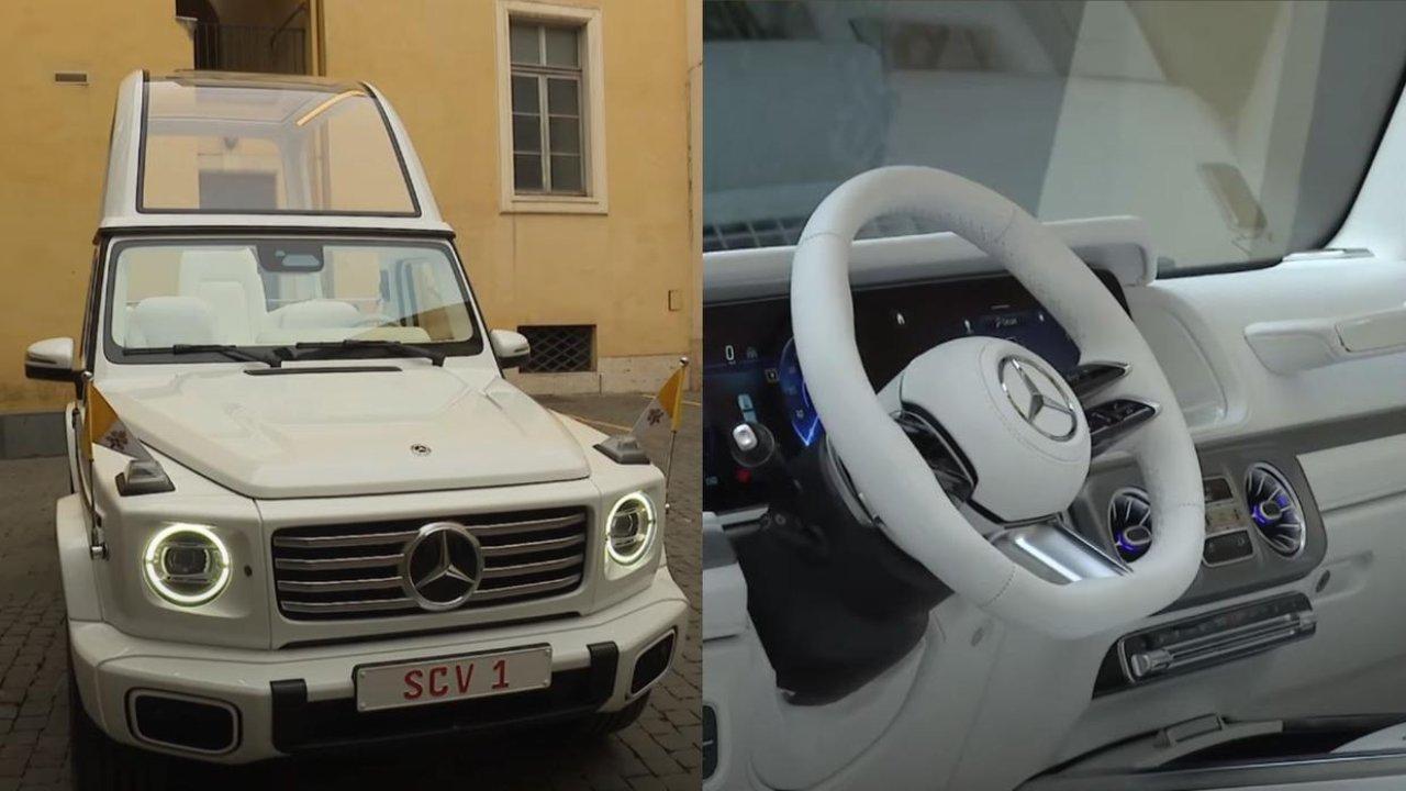 Colagem de duas imagens do Papamóvel Classe G 580 com tecnologia EQ que será usado pelo novo Papa Leão XIV no Vaticano