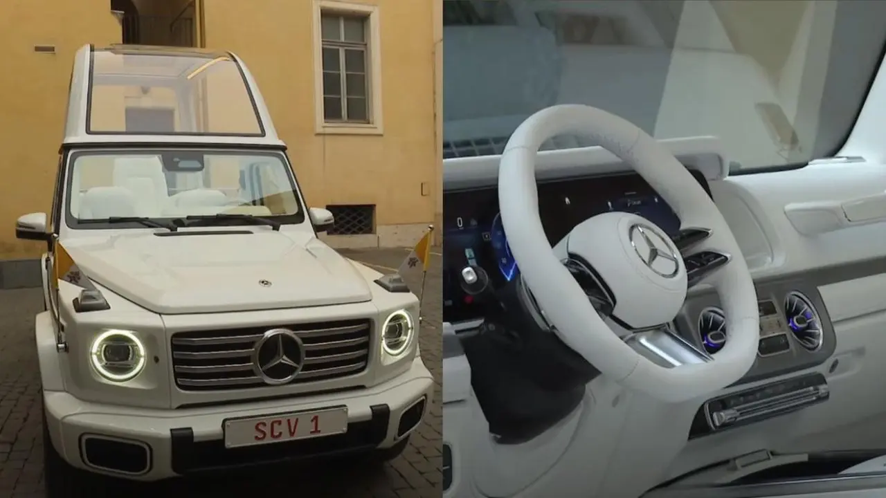 Colagem de duas imagens do Papamóvel Classe G 580 com tecnologia EQ que será usado pelo novo Papa Leão XIV no Vaticano
