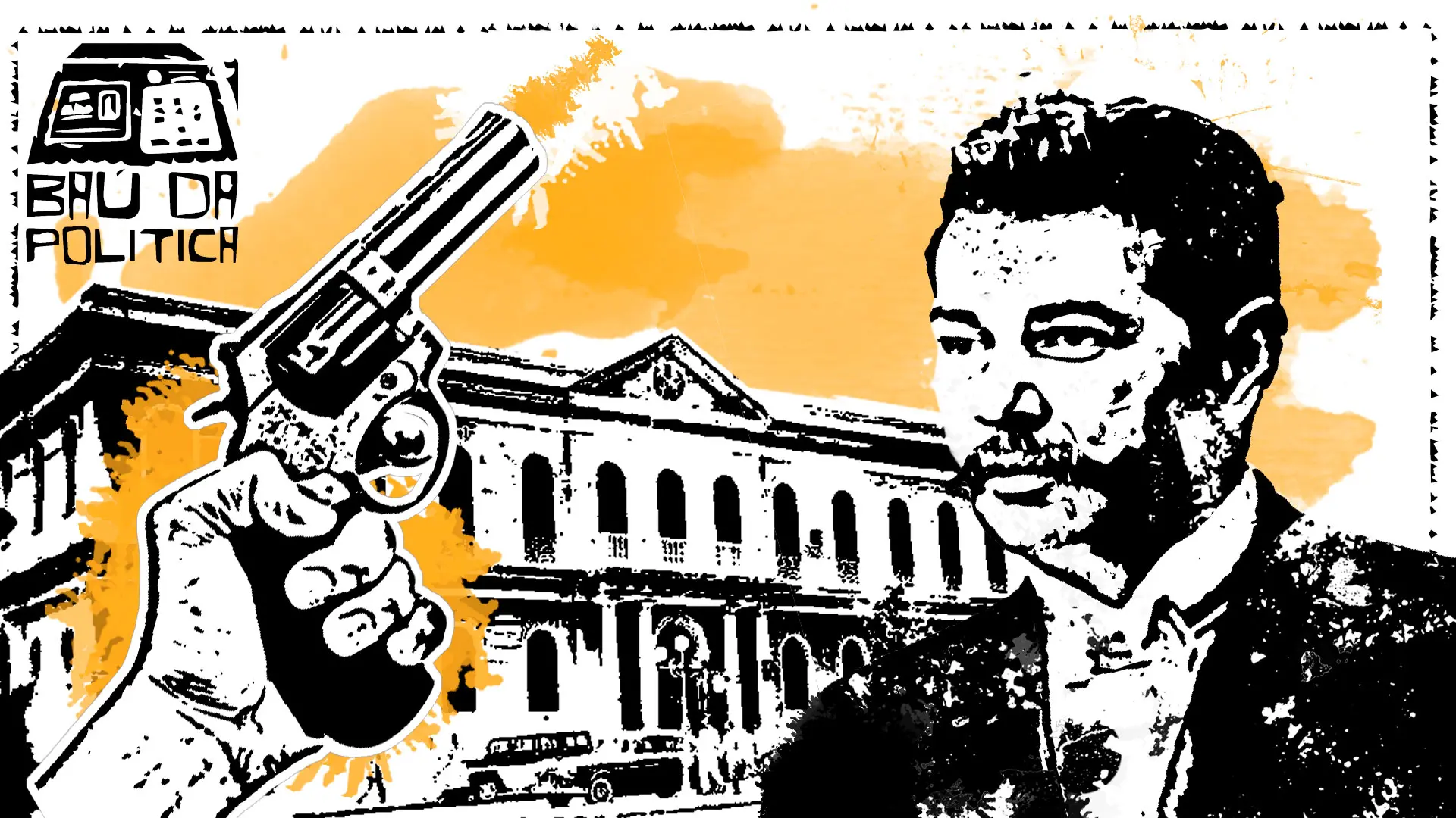 Arte com imagens de Floro Bartolomeu, mão com revólver e prédio público