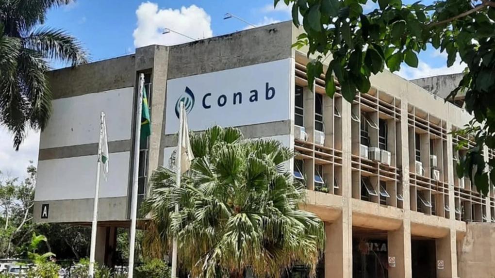 Fachada da sede da Conab com bandeiras e palmeiras ao redor, destacando o ambiente externo e a construção moderna.