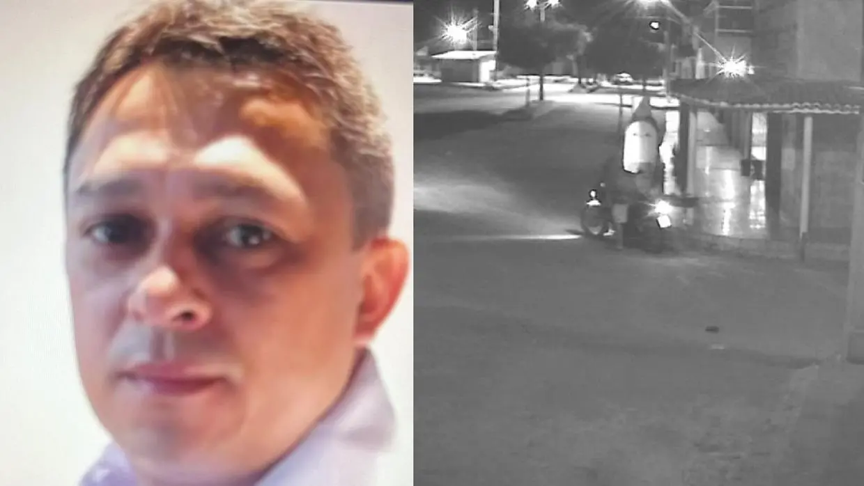 montagem com foto de suspeito preso em tamboril e, ao lado, imagem noturna mostra o homem em uma motocicleta