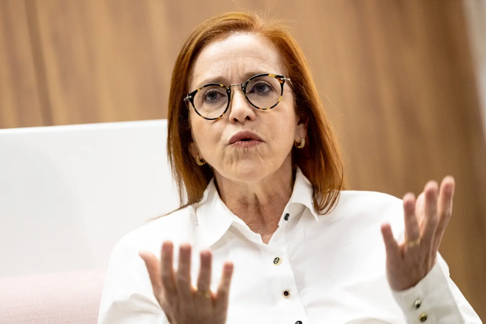 Imagem mostra a secretária da Saúde de Fortaleza, uma mulher com cabelos ruivos, lisos, na altura do ombro, óculos de grau de armação escura redonda. Ela veste uma camisa branca e gesticula com as mãos abertas enquanto fala com seriedade sobre filas de exames na cidade