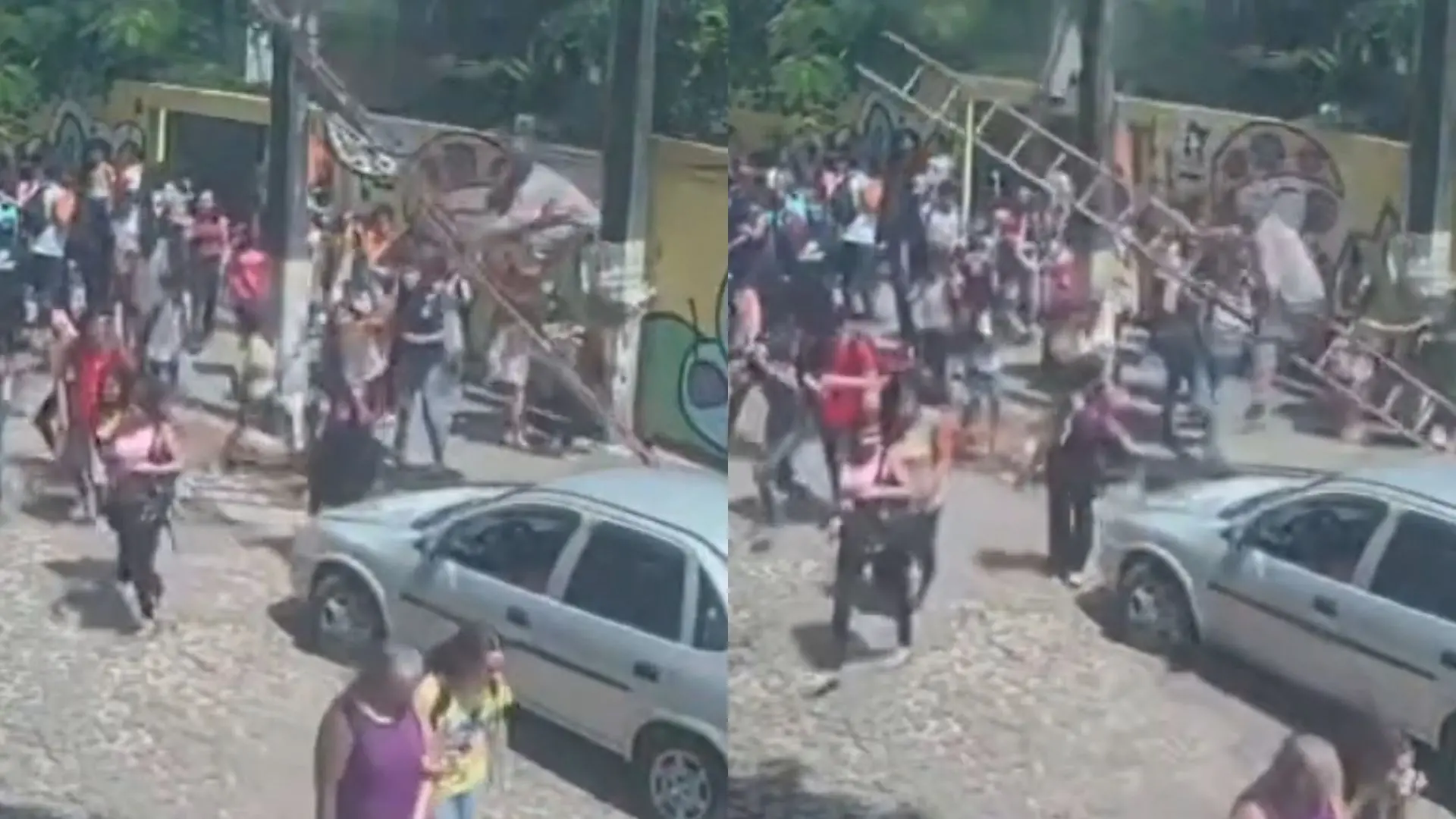 Momento em que o homem cai sobre os estudantes