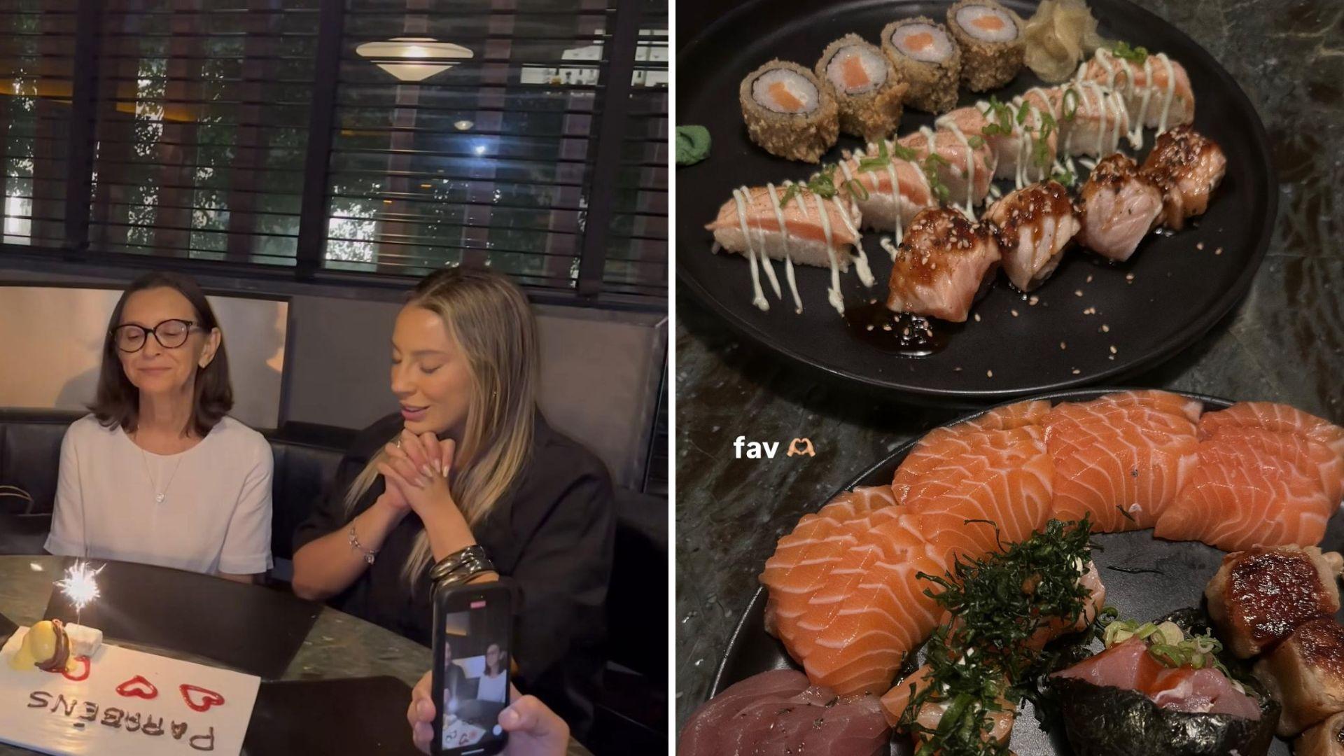 montagem de fotos do aniversário de dona Eulália, mãe da Renata do BBB 25, em um restaurante de Fortaleza