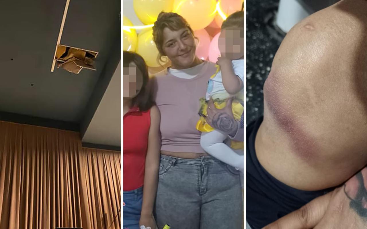 Imagem de teto de cinema que caiu em cima de aniversariante, ao lado da aniversariante na argentina, e uma imagem da lesão