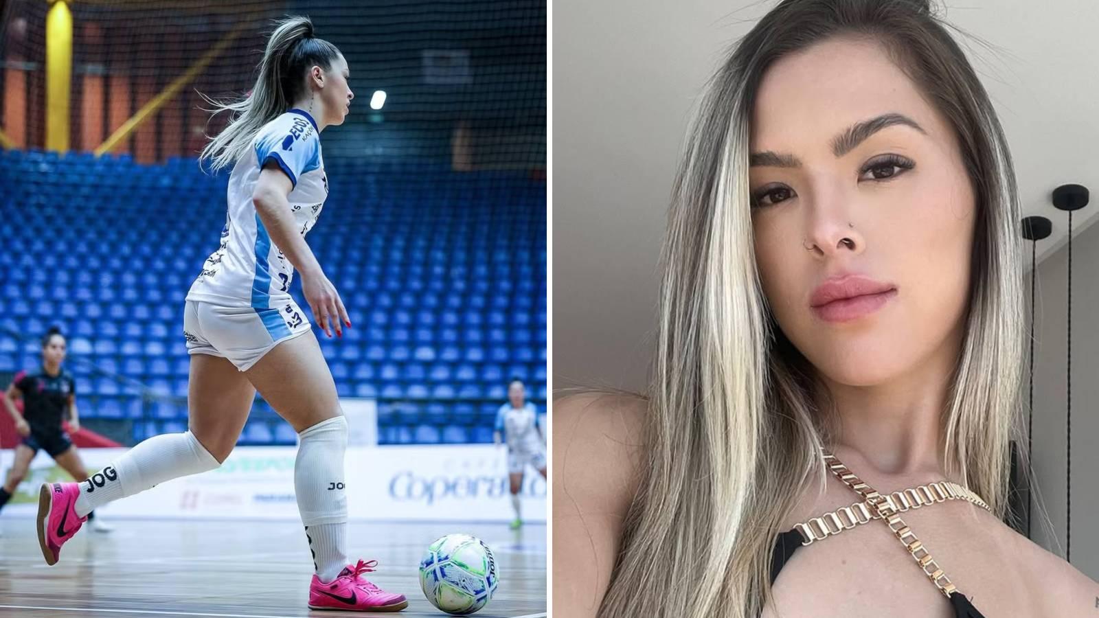 Colagem com duas imagens de Marcela Soares, jogadora de futsal expulsa de time após começar criar conteúdo adulto