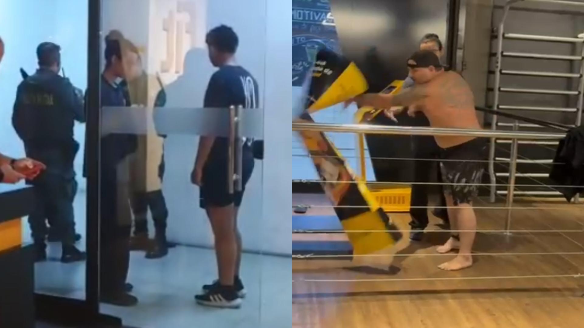 Montagem com duas fotos. A primeira, são policiais conversando com pessoas de academias. A segunda é do homem que invade academia em Fortaleza e quebra totens no bairro da Messejana