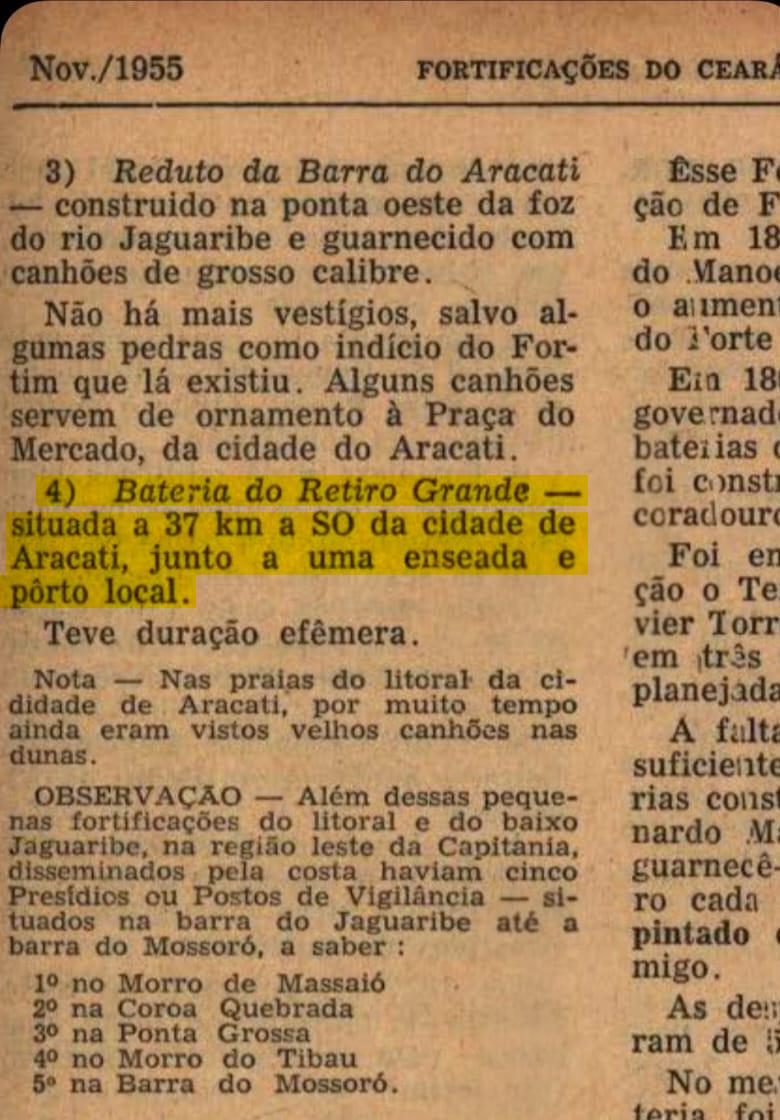 Imagem mostra página de documento de novembro de 1955 atestando a existência de um porto e de fortificações no litoral de Aracati