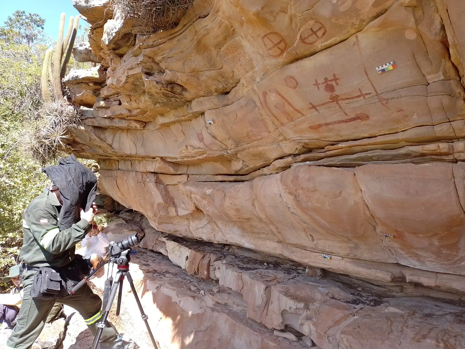 Imagem mostra um arqueólogo usando um chapéu escuro e vestindo um colete com bolsos. Ele está agachado em frente a uma formação rochosa de cor clara, que contém pinturas rupestres vermelhas. À direita do arqueólogo, há uma câmera em um tripé apontada para as pinturas. No canto superior esquerdo da imagem, há vegetação verde, incluindo um cacto alto e fino.
