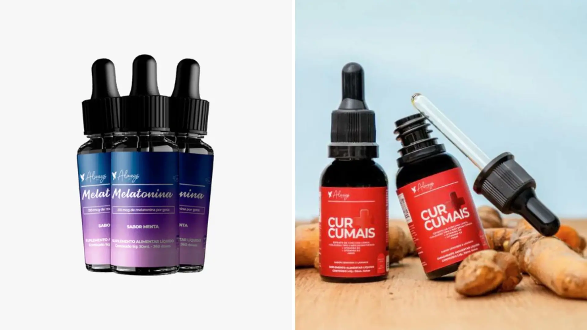 montagem de fotos ilustrativa de suplementos da Alwaysfit para sono e alívio de dores proibidos pela Anvisa