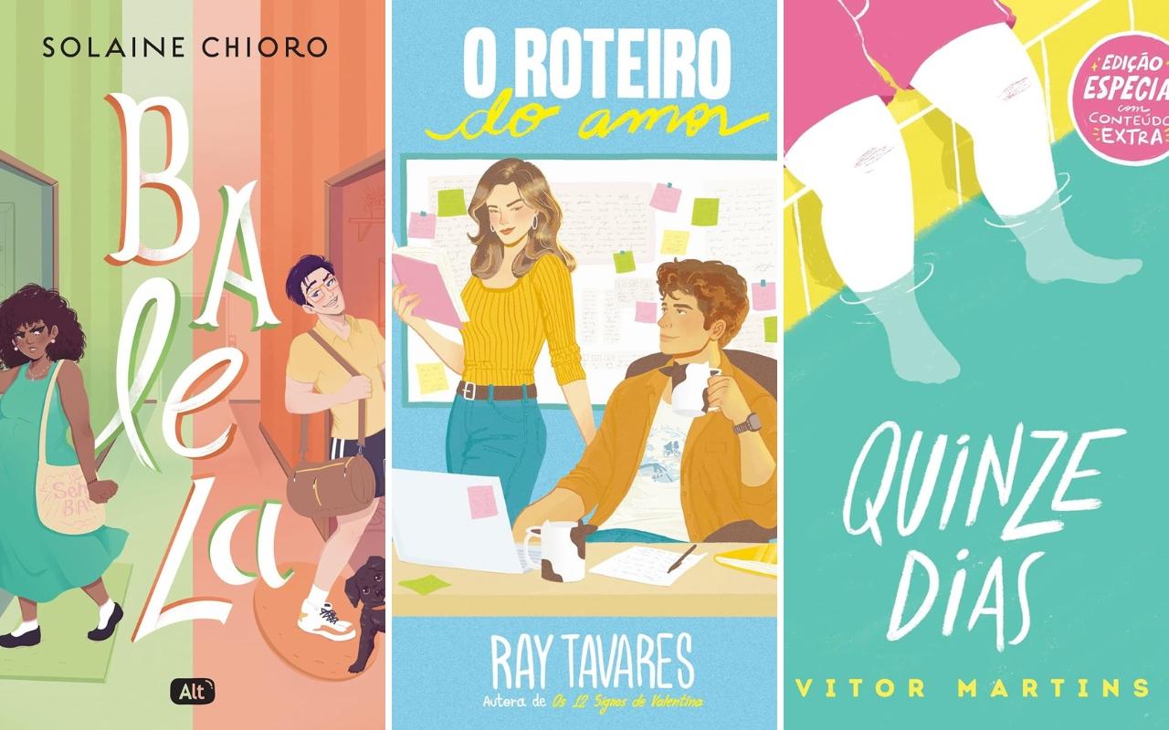 Imagem de capa de livros de romance, como Balela, O roteiro do amor, e Quinze Dias