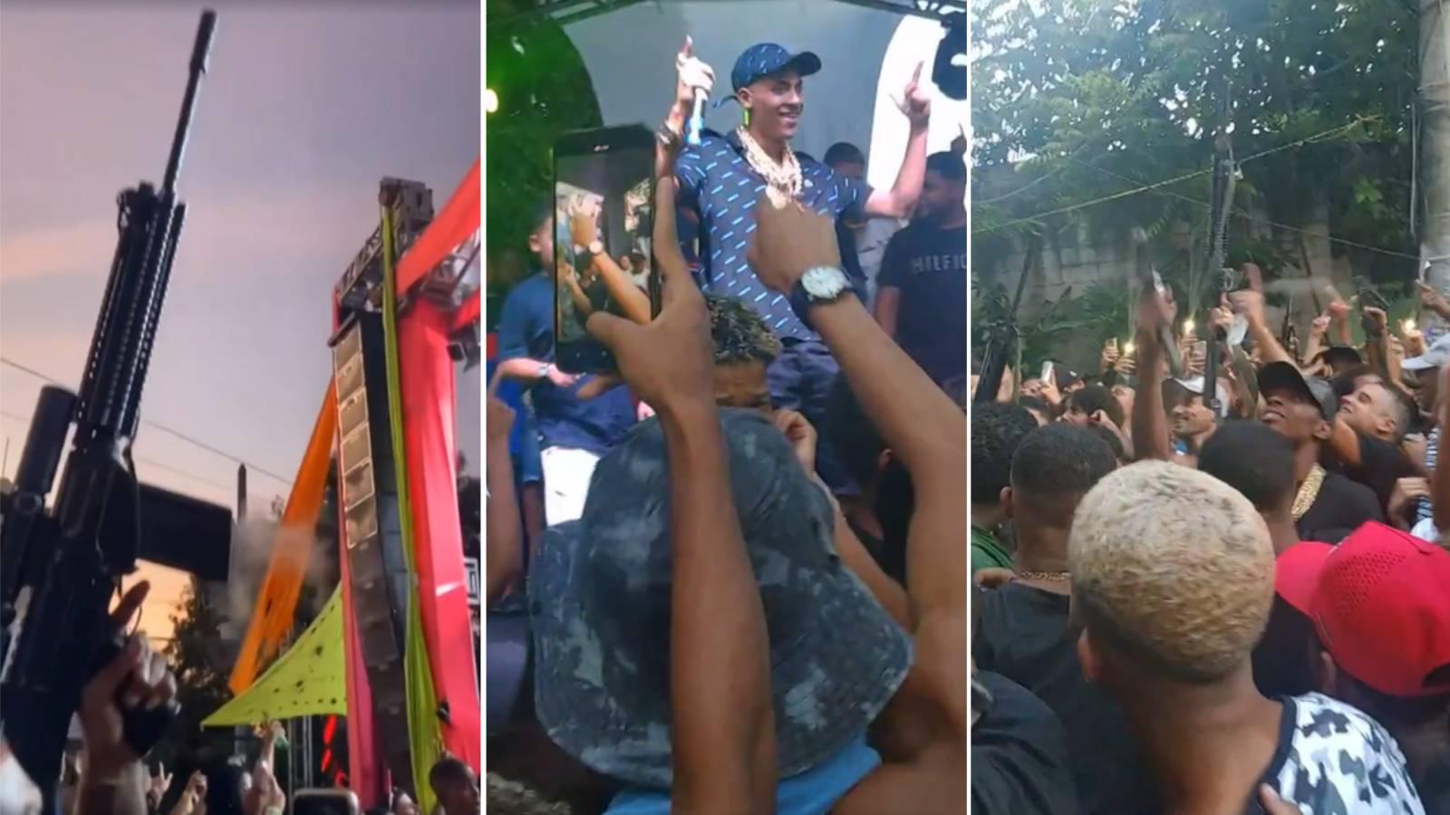 Colagem com três imagens mostram pessoas armadas com fuzis em público de show do MC Poze do Rodo, que foi preso em 29 de maio de 2025