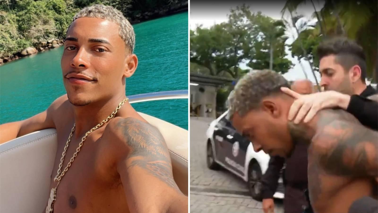 Colagem com duas imagens mostra, à esquerda, selfie de MC Poze do Rodo em lancha na água e, à direita, imagem de MC Poze do Rodo preso no Rio de Janeiro