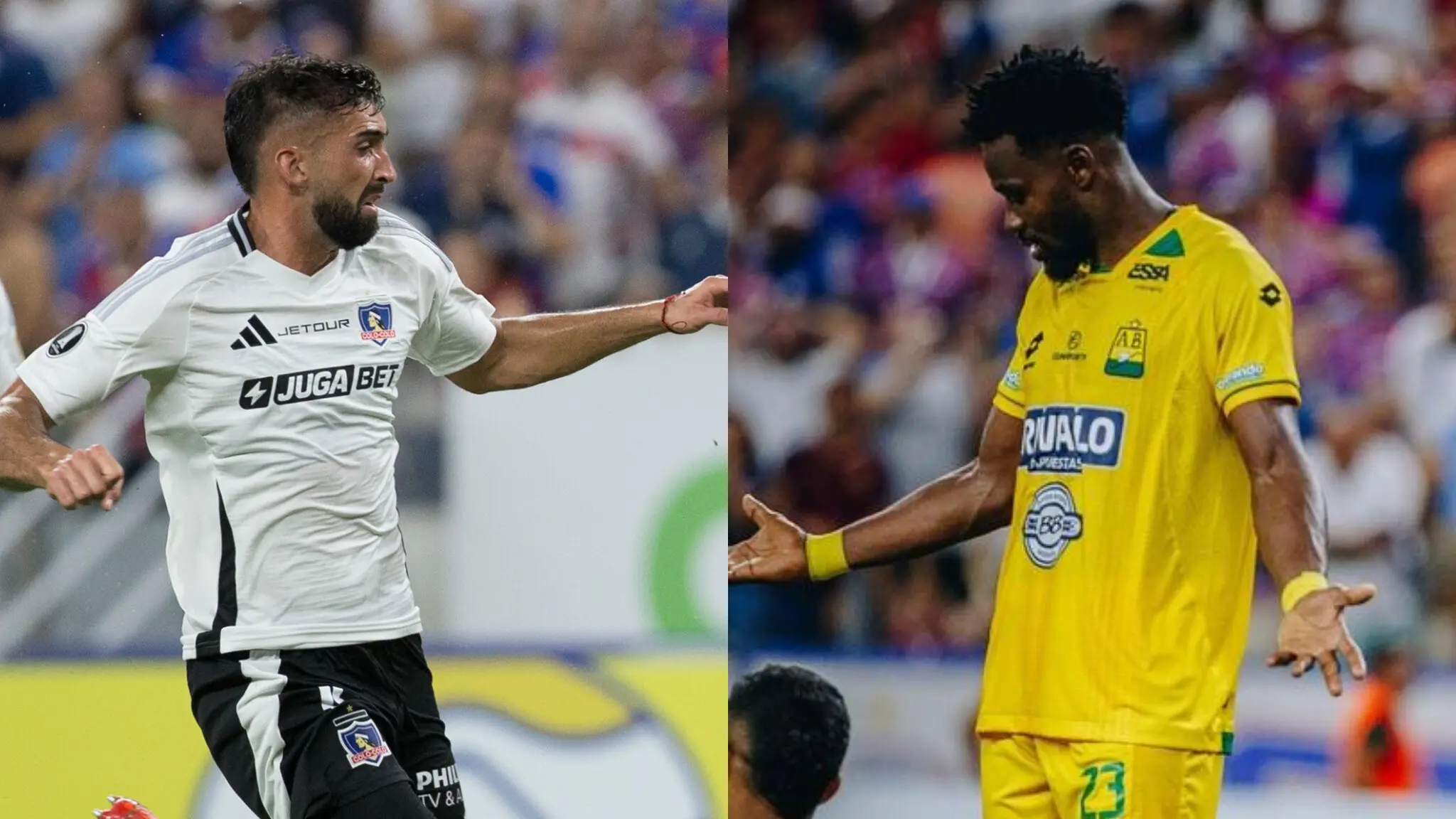Montagem de fotos de jogadores do Colo-Colo e do Atlético Bucaramanga, que jogam na Libertadores pelo grupo do Fortaleza
