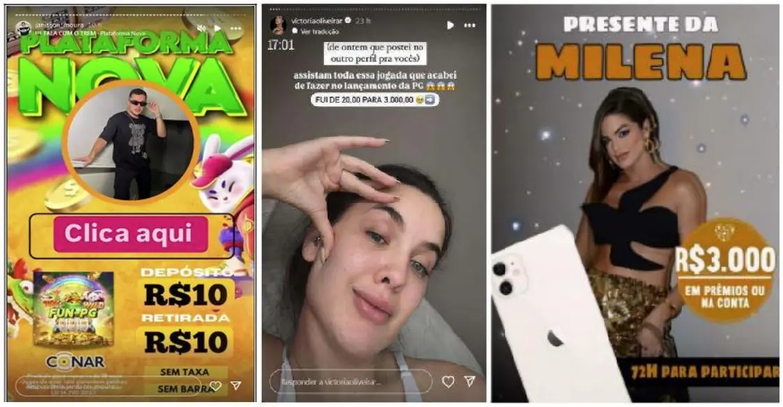 Foto-montagem mostram postagens de divulgação de Jogos do Tigrinho, feita por influenciadores digitais investigados no Ceará