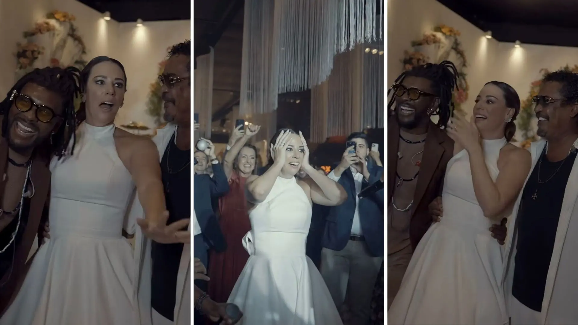 montagem de fotos de noiva cearense que foi surpreendida pela banda É o Tchan em festa de casamento