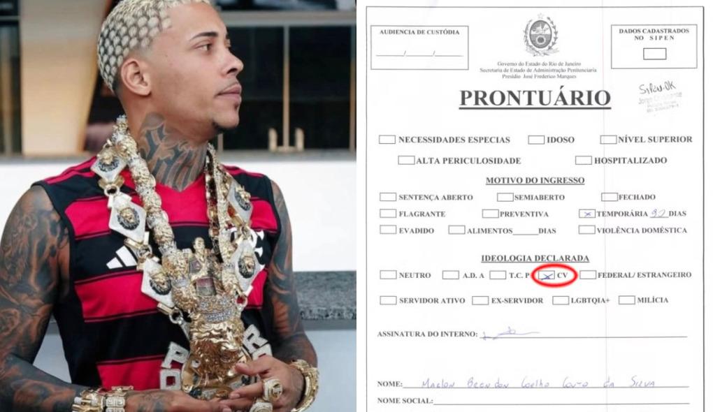 Montagem de fotos mostra Poze do Rodo à esquerda e prontuário do sistema penitenciário do RJ à direita, onde ele marca a opção Comando Vermelho