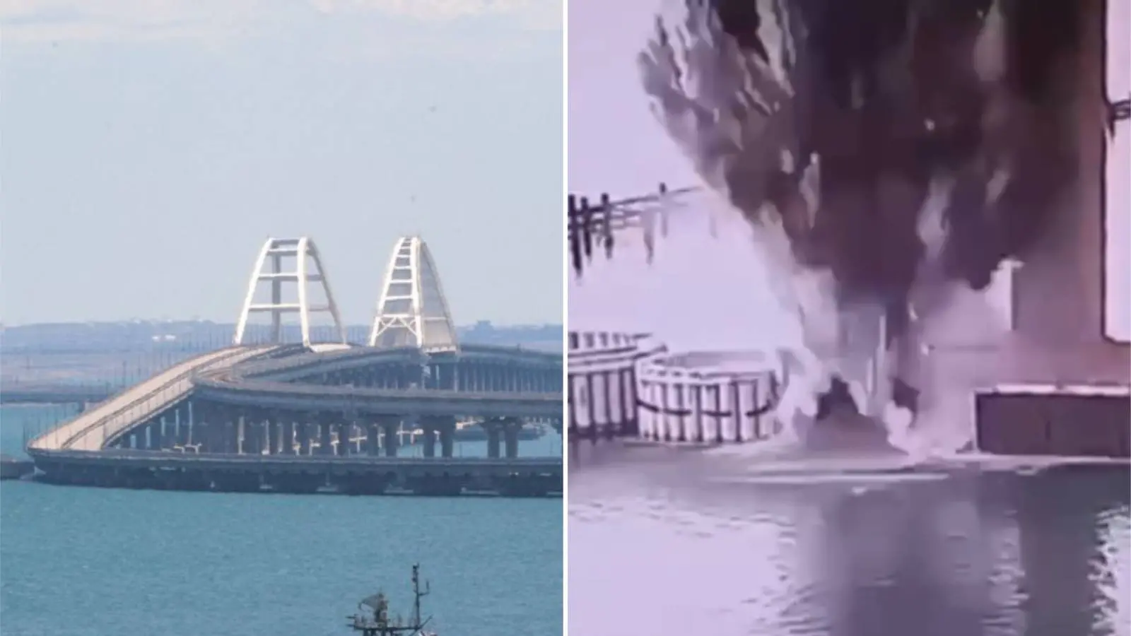 Colagem com duas imagens mostra, à esquerda, ponte de Kerch, que liga a Crimeia à Rússia, e, à direita, o momento em que a Ucrânia explode a ponte