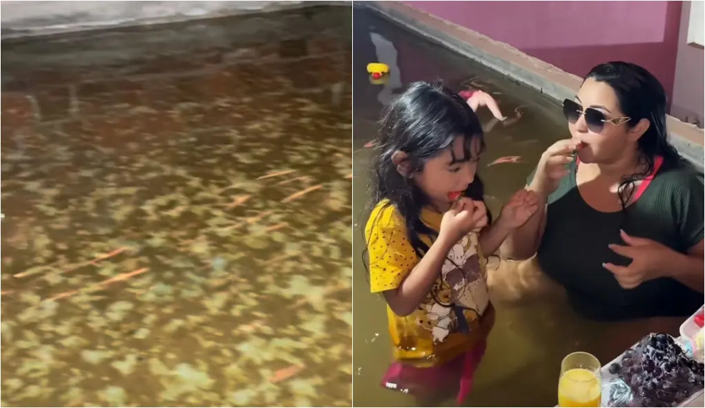 Montagem de fotos mostra Rayane e sua filha tomando banho na caixa d'água de casa
