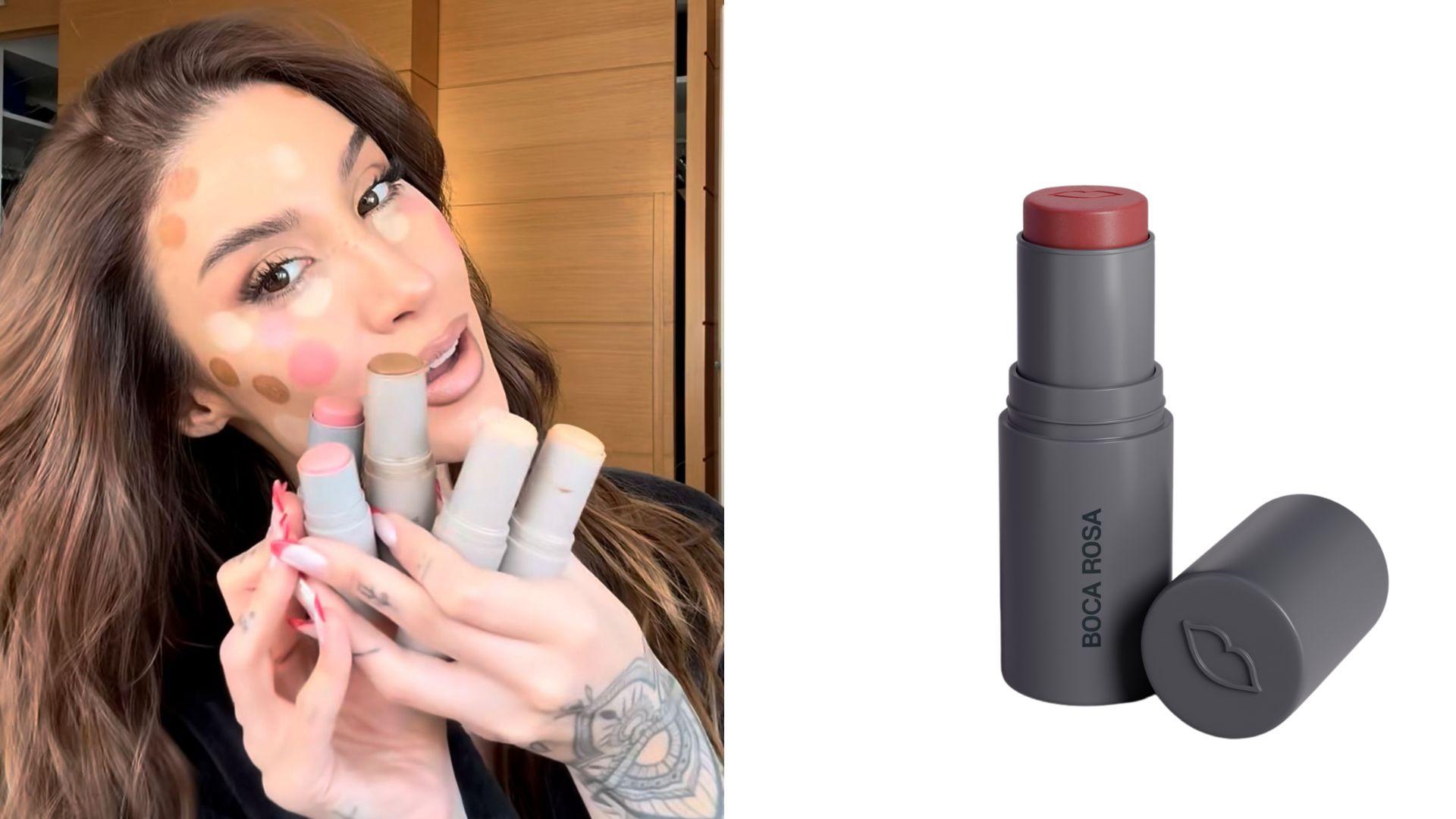 montagem de fotos de Boca Rosa em lançamento dos novos Stick Cor da marca