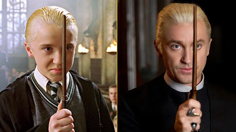 Tom Felton mais novo e mais velho, caracterizado de Draco Malfoy
