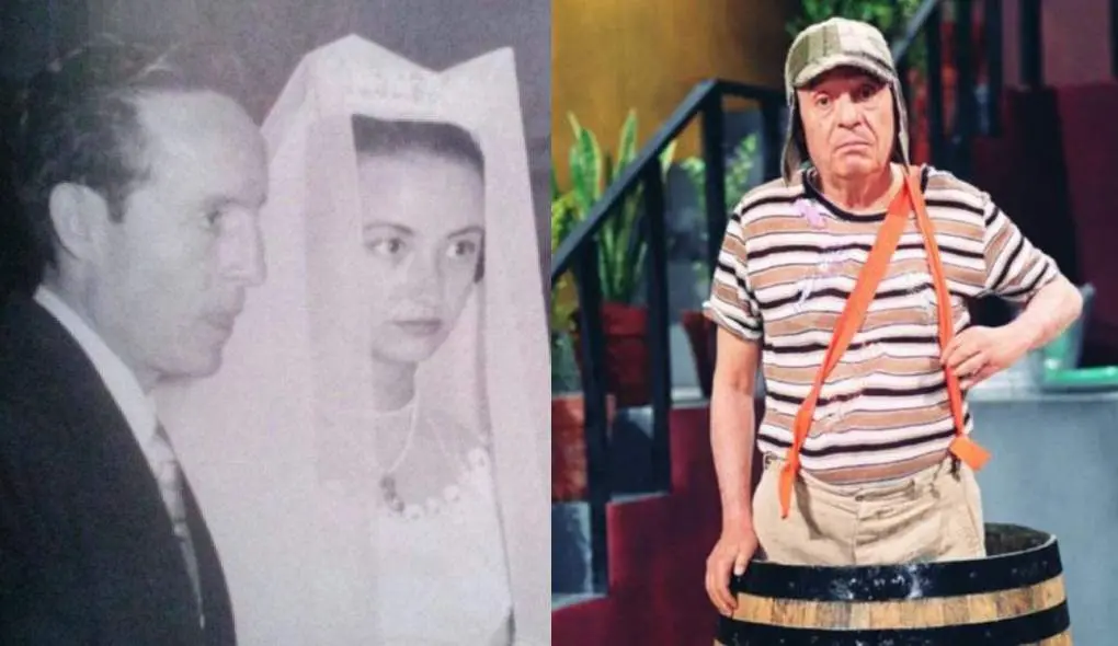 montagem mostra fotos do casamento de bolaños e graciela, sua primeira esposa. ao lado, o ator caracterizado como chaves