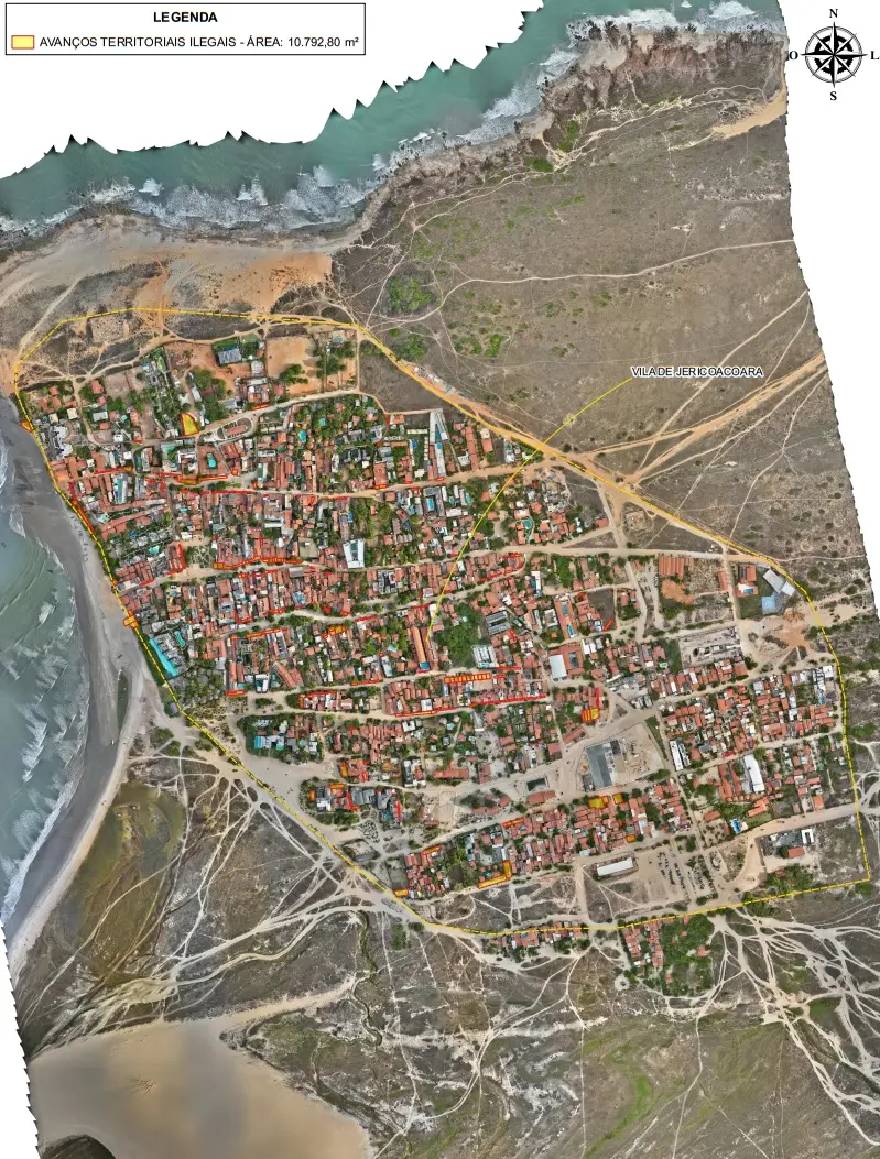 Ilustração de imagem de satélite da Vila de Jericoacoara com várias áreas supostamente irregulares marcadas em amarelo