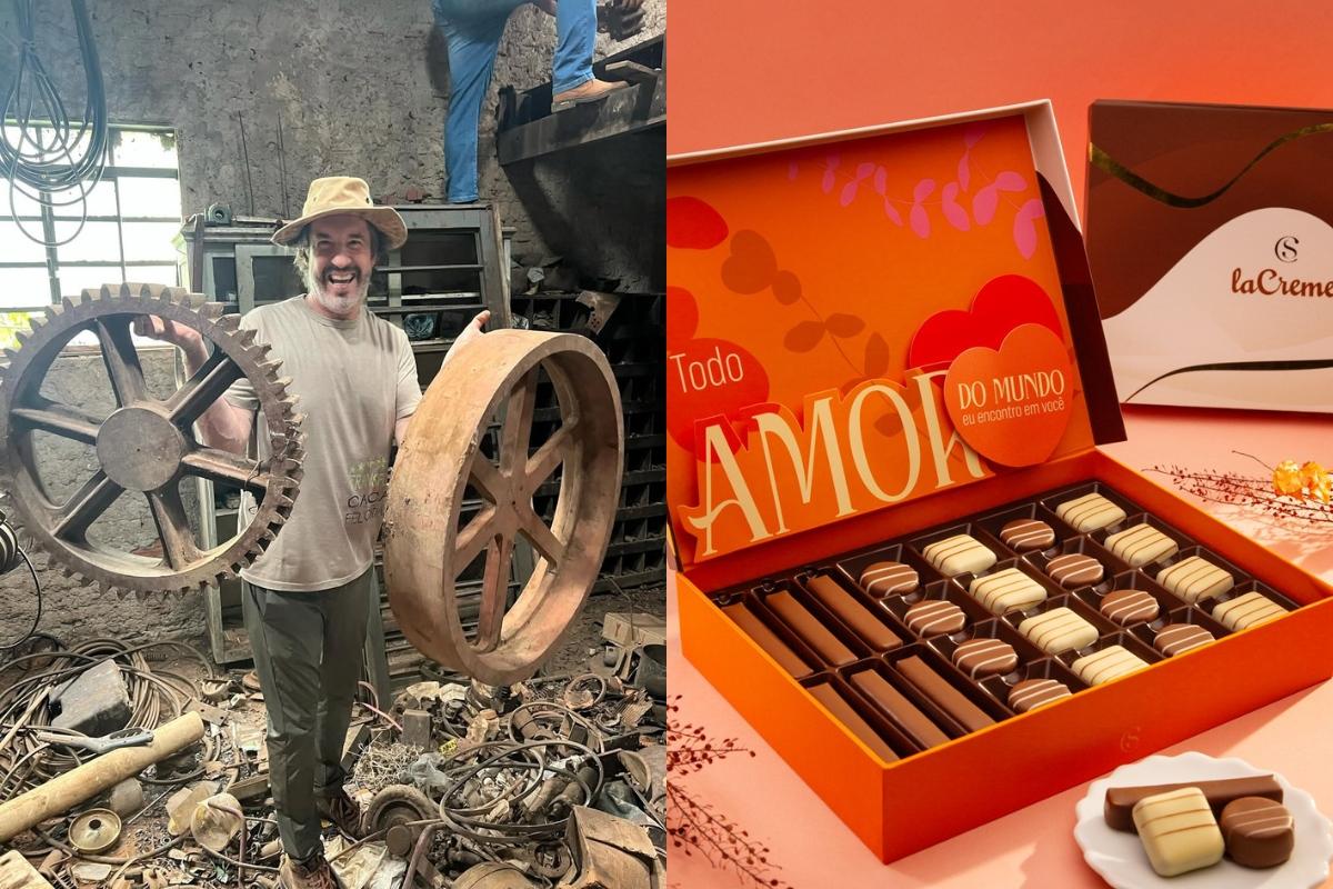 Colagem de Alexandre Costa, CEO da empresa, e uma embalagem de chocolate, usada para matéria onde explicar o que está acontecendo com a Cacau Show após polêmica com franqueada