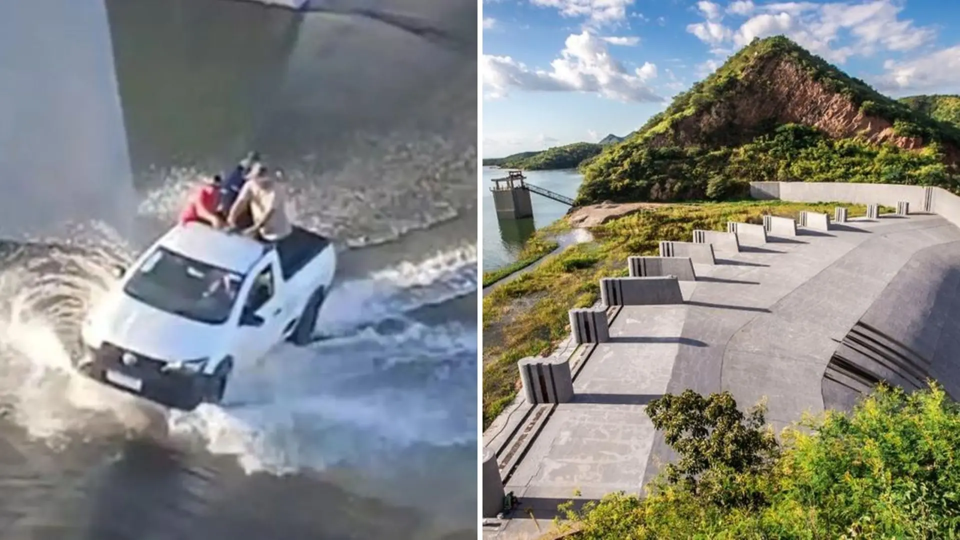 Imagem é uma montagem: à esquerda, quatro homens atravessam, em um carro branco com caçamba, a barragem do Açude Orós ; à direita é uma imagem nítida e vibrante vista de cima da barragem do Açude Orós, antes de o açude voltar a sangrar.