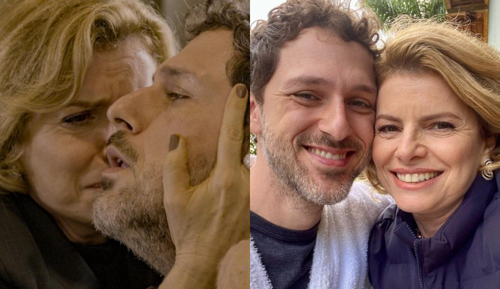 A imagem mostra duas fotos de Guilherme Magon, interprete de Leonardo, ao lado de Débora Bloch que interpreta sua mãe, Odete Roitman na trama de Vale tudo: à esquerda, em uma cena dramática; à direita, em um momento descontraído nos bastidores, sorrindo juntos.