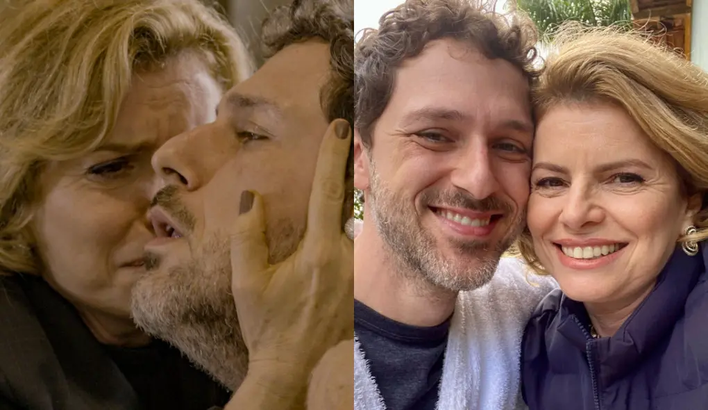 A imagem mostra duas fotos de Guilherme Magon, interprete de Leonardo, ao lado de Débora Bloch que interpreta sua mãe, Odete Roitman na trama de Vale tudo: à esquerda, em uma cena dramática; à direita, em um momento descontraído nos bastidores, sorrindo juntos.