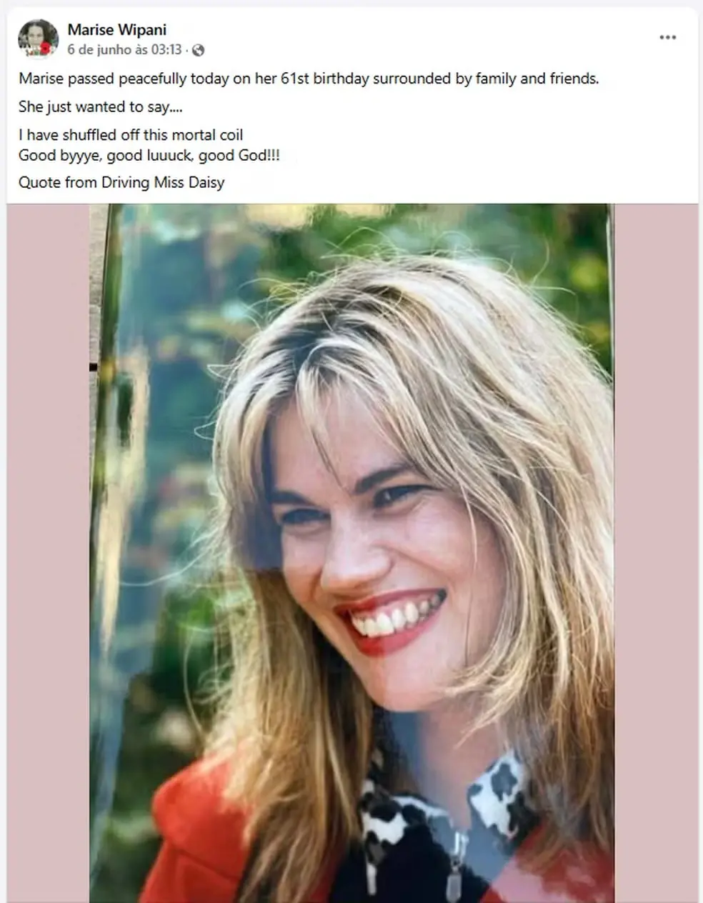 Print da publicação no Facebook, que mostra foto antiga da atriz, quando ela era mais jovem e loira