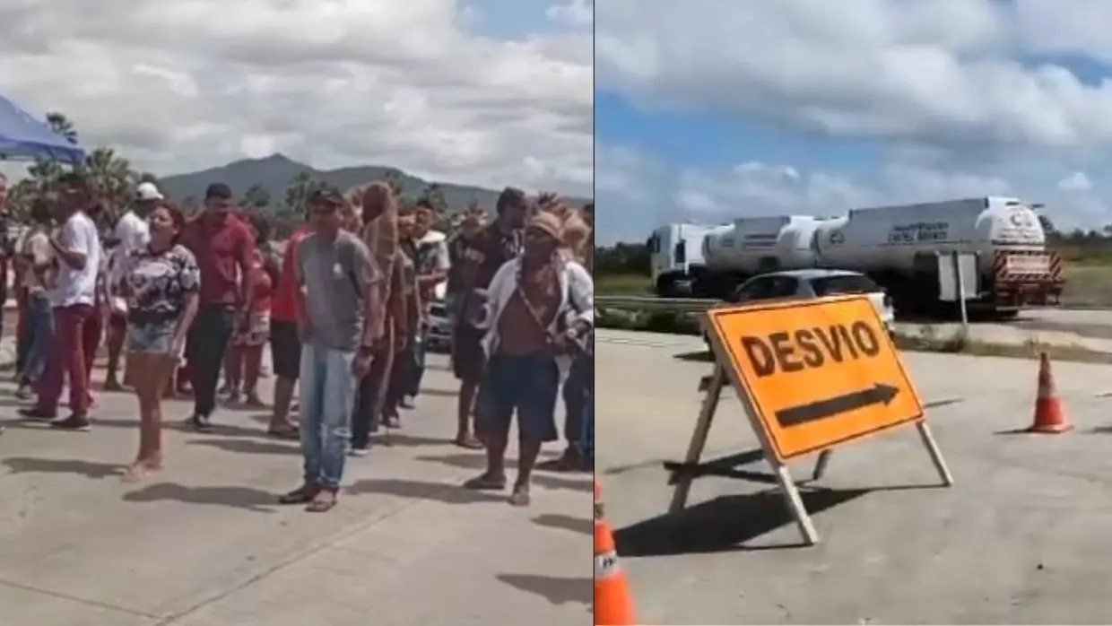 Multidão aguardando em fila no aeroporto com fila de caminhões de combustível ao fundo, indicando atraso no transporte de gasolina devido a desvio na estrada por BR-222 estar bloqueada por indígenas tapebas